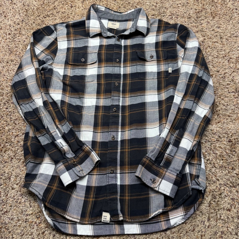 Vans Mens Large Flannel Shirt Black White Tan Plaid Classic Fit Off The Wall